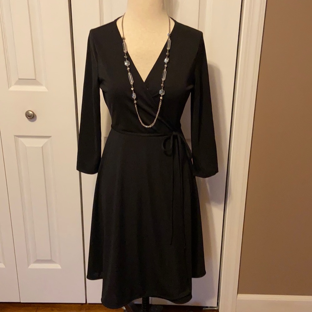 Classic black wrap dress with 3/4 sleeves
